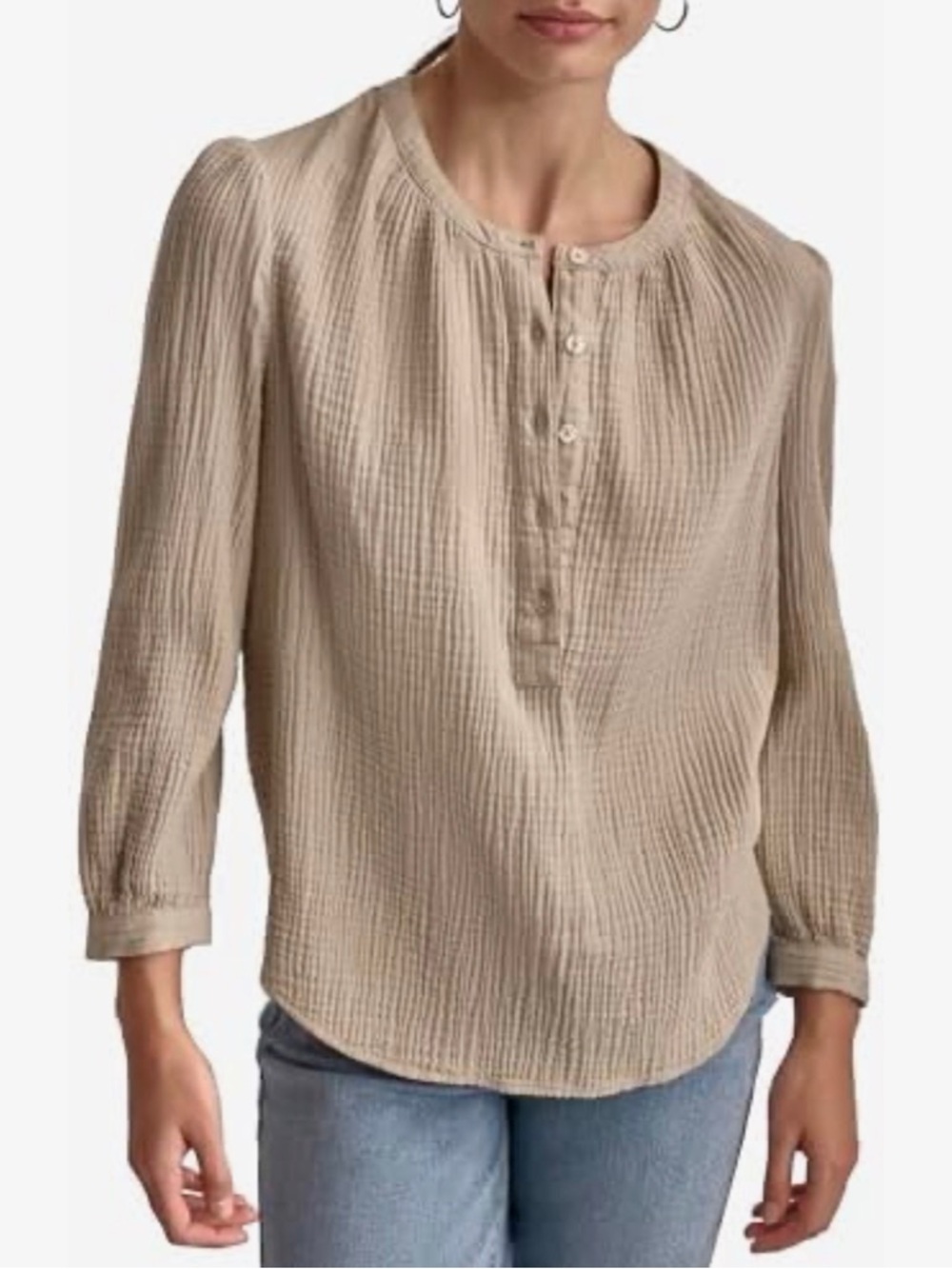 DKNY Pebble Beige Gauze Henley Blouse
